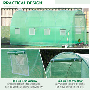 Walk-in Tunnel Greenhouse, 13 x 6.4 x 6.5 ft Hoop House with Zipped Roll-Up Door and 8 Mesh Windows, Outdoor Greenhouse with Galvanised Steel Frame, Green