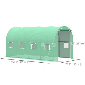 Walk-in Tunnel Greenhouse, 13 x 6.4 x 6.5 ft Hoop House with Zipped Roll-Up Door and 8 Mesh Windows, Outdoor Greenhouse with Galvanised Steel Frame, Green