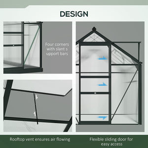 6 x 6ft Polycarbonate Greenhouse, Large Walk-In Green House with Slide Door and Window, Garden Plants Grow House with Aluminium Frame and Foundation, Grey