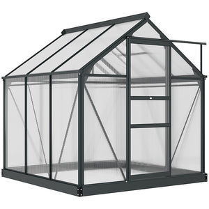 6 x 6ft Polycarbonate Greenhouse, Large Walk-In Green House with Slide Door and Window, Garden Plants Grow House with Aluminium Frame and Foundation, Grey
