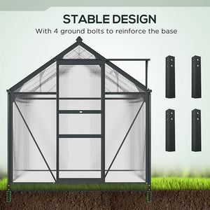 6 x 6ft Polycarbonate Greenhouse, Large Walk-In Green House with Slide Door and Window, Garden Plants Grow House with Aluminium Frame and Foundation, Grey