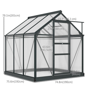 6' x 6' x 6.6' Polycarbonate Greenhouse, Walk-In Green House Kit Garden, Plants Grow, Galvanized Sheet Aluminum Frame with Rain Gutter, Vent and Sliding Door, Grey