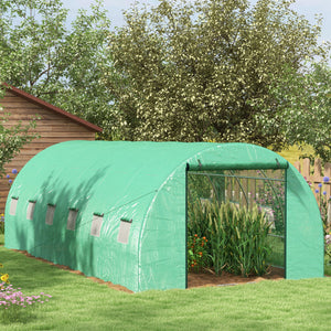 20' x 10' Tunnel Greenhouse with Sprinkler System, Walk-in Green House with Wide Roll-up Door, 12 Mesh Windows, Galvanised Steel Frame, Green