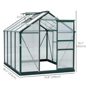 6' x 8' x 6.6' Polycarbonate Greenhouse, Walk-In Green House Kit Garden, Plants Grow, Galvanized Sheet Aluminum Frame with Rain Gutter, Vent and Sliding Door, Green