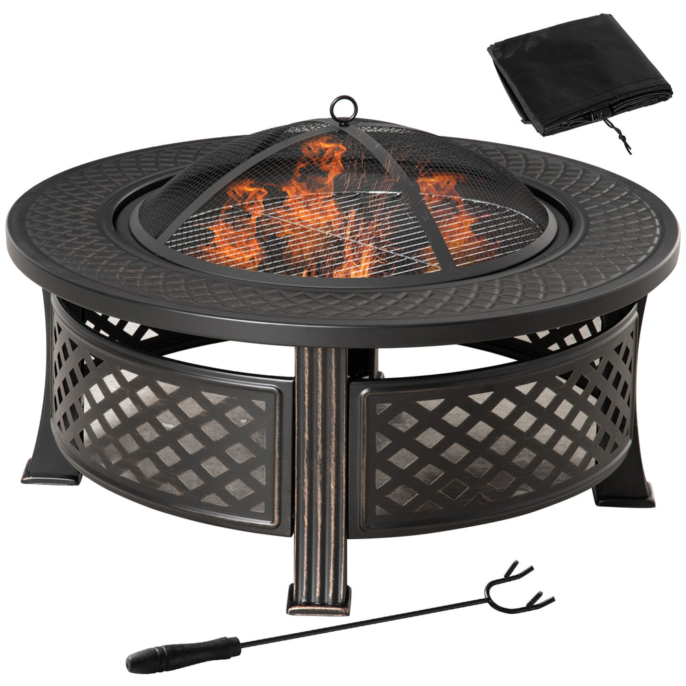 Outdoor Fire Pit, Round Firepit with Grill Net, Mesh Lid, Poker, for Backyard, Camping, Bonfire, Picnic, Bronze