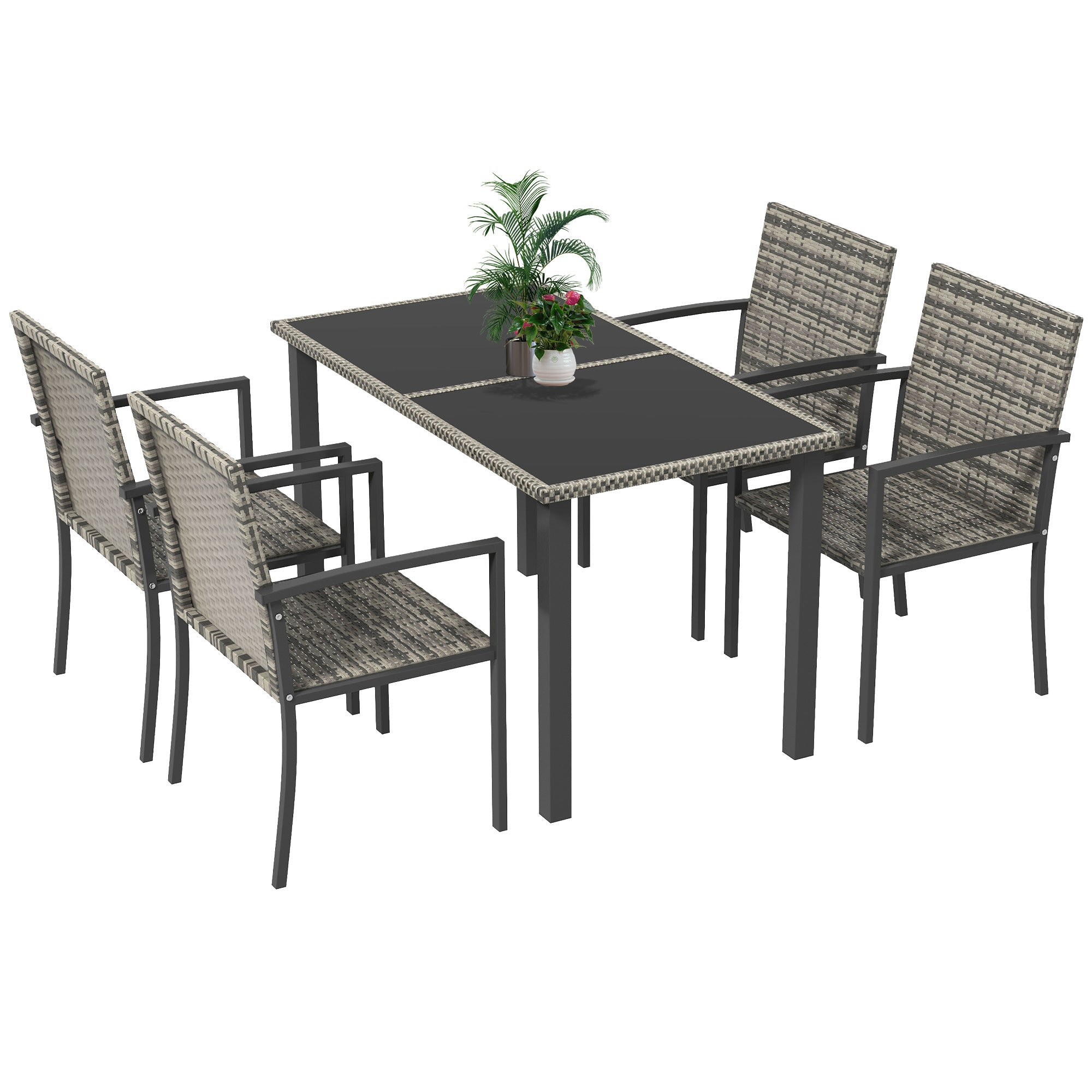 Seater Rattan Dining Set with Rectangular Glass Top Table and  Armchairs, PE Rattan Garden Furniture Set, Outdoor Dining Table and Chairs  for