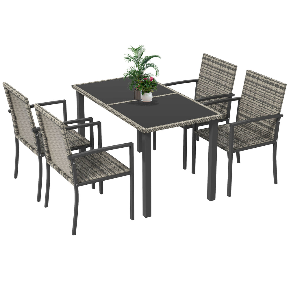 4 Seater Rattan Dining Set with Rectangular Glass Top Table and 4 Armchairs, PE Rattan Garden Furniture Set, Outdoor Dining Table and Chairs for Patio, Balcony, Lawn, Mixed Grey