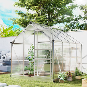 6' x 8' x 6.6' Polycarbonate Greenhouse, Walk-In Green House Kit Garden, Plants Grow, Galvanized Sheet Aluminum Frame with Rain Gutter, Vent and Sliding Door, Silver