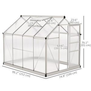 6' x 8' x 6.6' Polycarbonate Greenhouse, Walk-In Green House Kit Garden, Plants Grow, Galvanized Sheet Aluminum Frame with Rain Gutter, Vent and Sliding Door, Silver