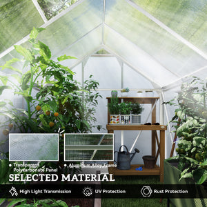 6' x 8' x 6.6' Polycarbonate Greenhouse, Walk-In Green House Kit Garden, Plants Grow, Galvanized Sheet Aluminum Frame with Rain Gutter, Vent and Sliding Door, Silver