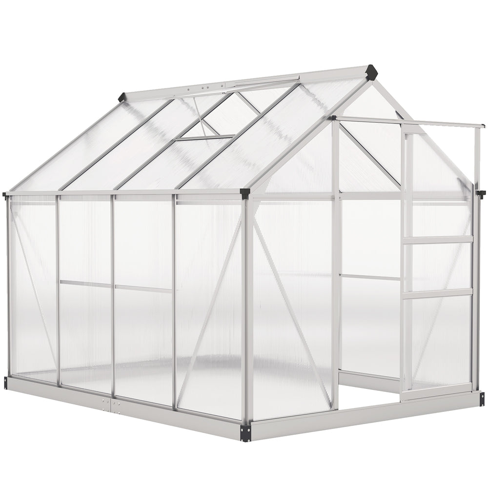 6' x 8' x 6.6' Polycarbonate Greenhouse, Walk-In Green House Kit Garden, Plants Grow, Galvanized Sheet Aluminum Frame with Rain Gutter, Vent and Sliding Door, Silver