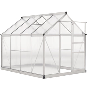 6' x 8' x 6.6' Polycarbonate Greenhouse, Walk-In Green House Kit Garden, Plants Grow, Galvanized Sheet Aluminum Frame with Rain Gutter, Vent and Sliding Door, Silver