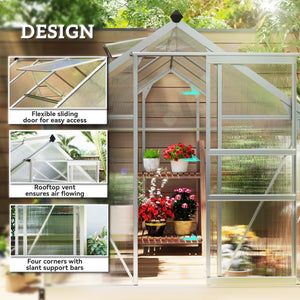 6' x 8' x 6.6' Polycarbonate Greenhouse, Walk-In Green House Kit Garden, Plants Grow, Galvanized Sheet Aluminum Frame with Rain Gutter, Vent and Sliding Door, Silver