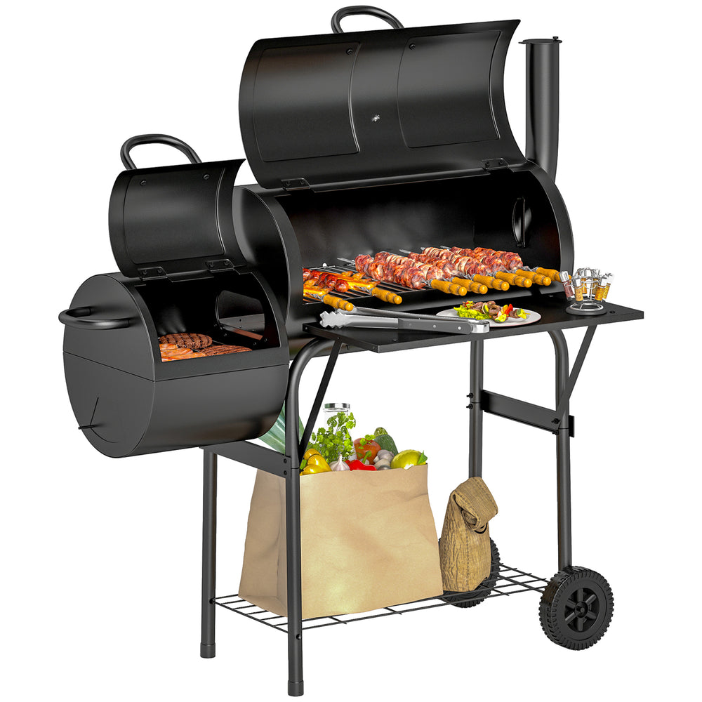 Portable Outdoor Charcoal BBQ Grill with Offset Smoker, Barbecue Grill with Spacious Cooking Area, 2 Shelves, Thermometer, Wheels for Patio Backyard Party, Black