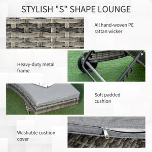 Wicker Chaise Lounge, Outdoor Lounge Chair, 5-Level Adjustable Backrest S-Shape Rattan Lounger with Cushion & Wheels for Patio, Deck, Poolside, Grey