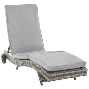 Wicker Chaise Lounge, Outdoor Lounge Chair, 5-Level Adjustable Backrest S-Shape Rattan Lounger with Cushion & Wheels for Patio, Deck, Poolside, Grey