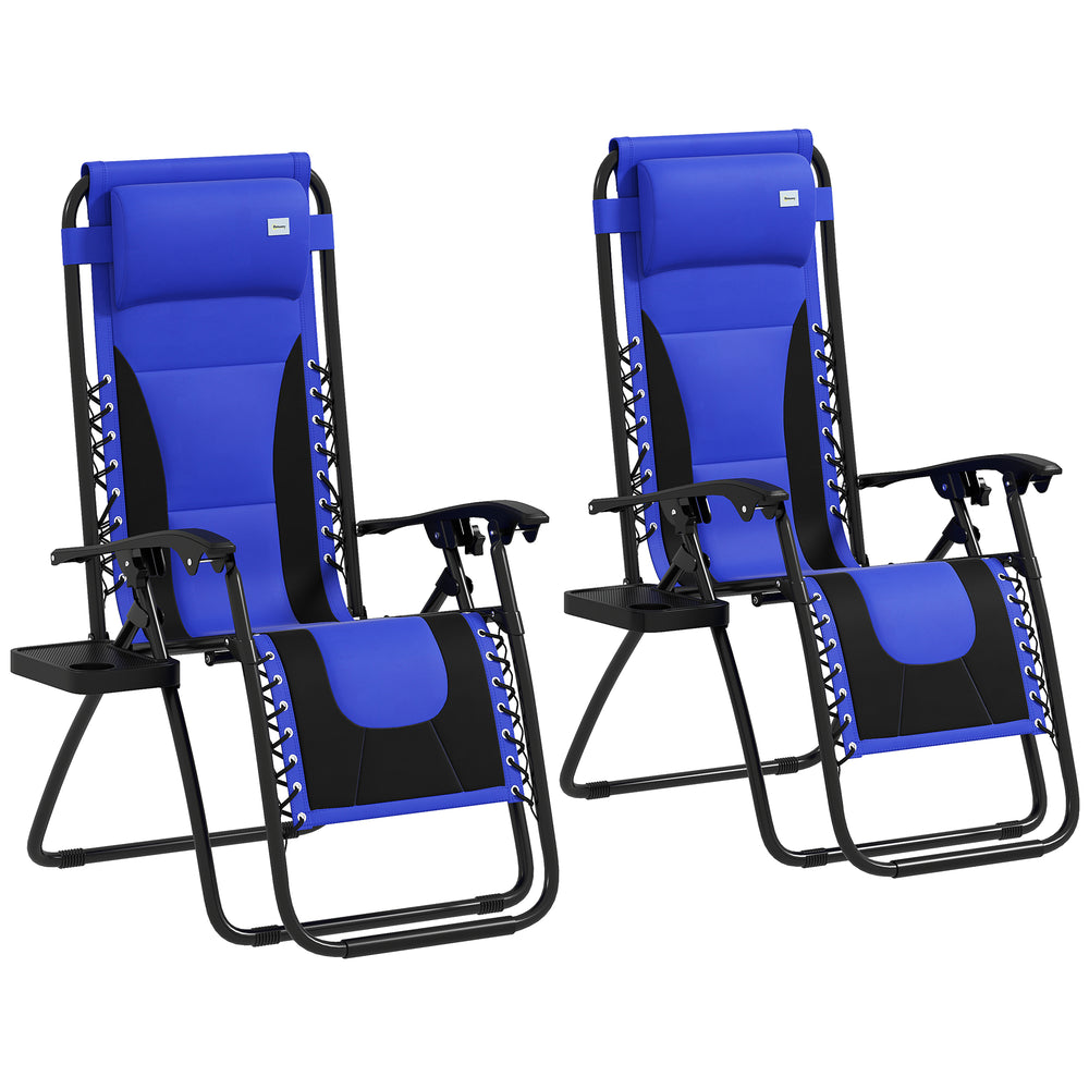 Zero Gravity Lounger Chair Set of 2, Folding Reclining Patio Chair with Padded Seat, Cup Holder, Soft Cushion and Headrest for Poolside, Camping, Blue