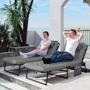 2 Pieces Folding Lounge Chairs with 4-level Reclining Back, Outdoor Tanning Chair with Cushion, Sun Lounger with Breathable Mesh Fabric, Side Pocket, Headrest, Grey