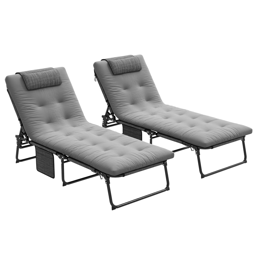 2 Pieces Folding Lounge Chairs with 4-level Reclining Back, Outdoor Tanning Chair with Cushion, Sun Lounger with Breathable Mesh Fabric, Side Pocket, Headrest, Grey