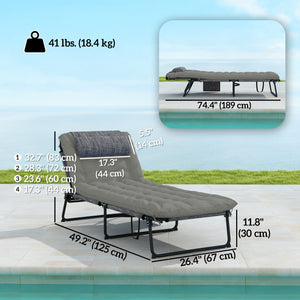 2 Pieces Folding Lounge Chairs with 4-level Reclining Back, Outdoor Tanning Chair with Cushion, Sun Lounger with Breathable Mesh Fabric, Side Pocket, Headrest, Grey