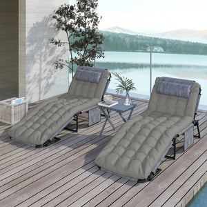 2 Pieces Folding Lounge Chairs with 4-level Reclining Back, Outdoor Tanning Chair with Cushion, Sun Lounger with Breathable Mesh Fabric, Side Pocket, Headrest, Grey