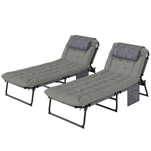 2 Pieces Folding Lounge Chairs with 4-level Reclining Back, Outdoor Tanning Chair with Cushion, Sun Lounger with Breathable Mesh Fabric, Side Pocket, Headrest, Grey