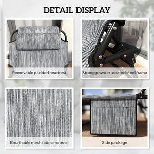 2 Pieces Folding Lounge Chairs with 4-level Reclining Back, Outdoor Tanning Chair with Cushion, Sun Lounger with Breathable Mesh Fabric, Side Pocket, Headrest, Grey
