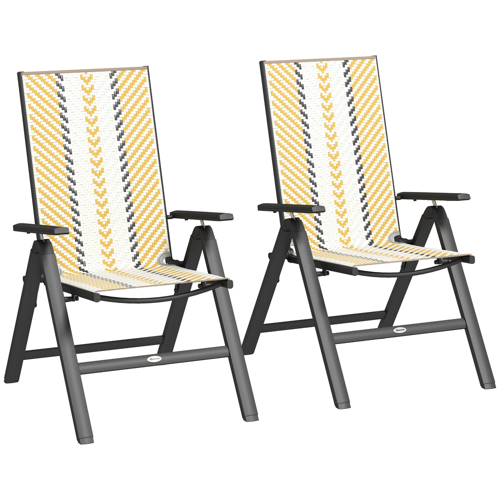 Outdoor Wicker Chairs Set of 2, Folding Rattan Patio Dining Chairs with 5-Position Adjustable Backrest, Armrest, Steel Frame, for Garden, Backyard, Porch, Orange