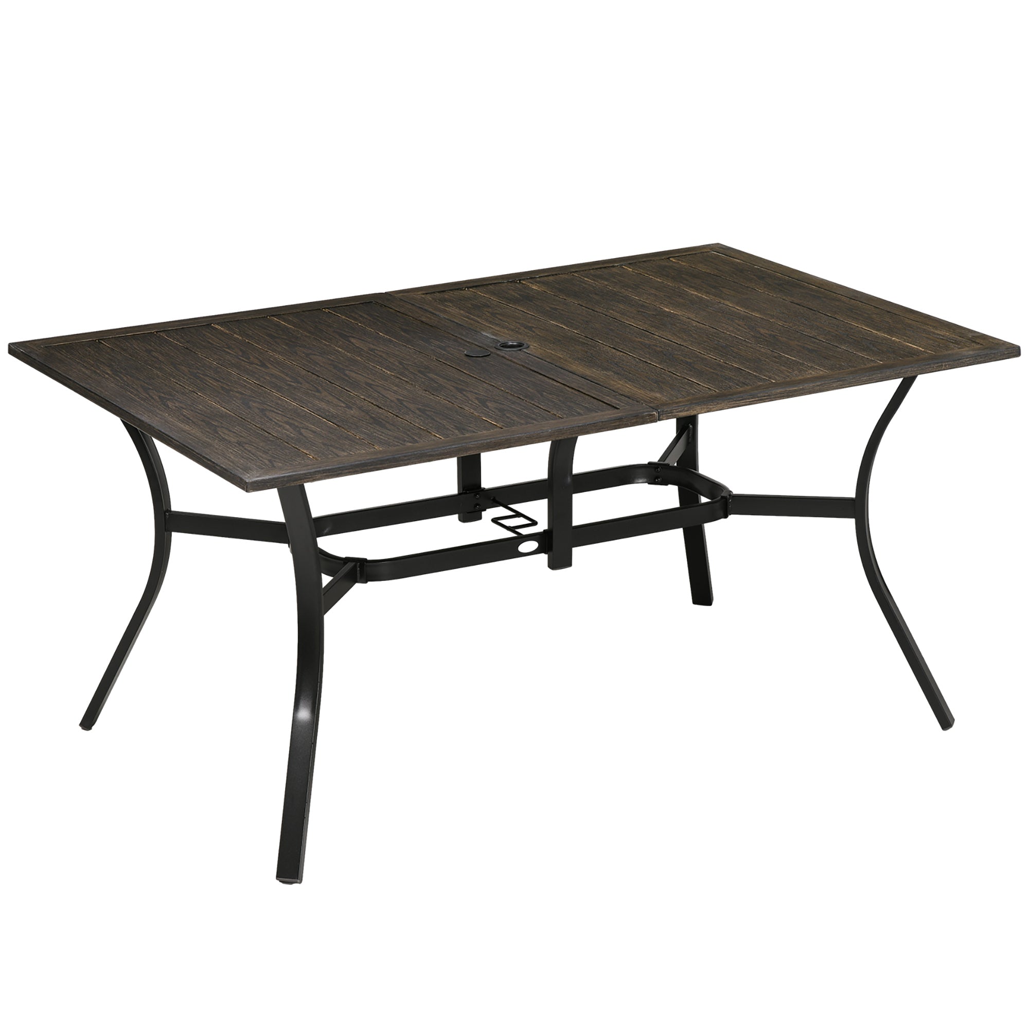 large patio table with umbrella hole Outsunny 59" Outdoor Dining Table for 6 with Parasol Hole, Steel Frame & Wood Grain Tabletop, Brown