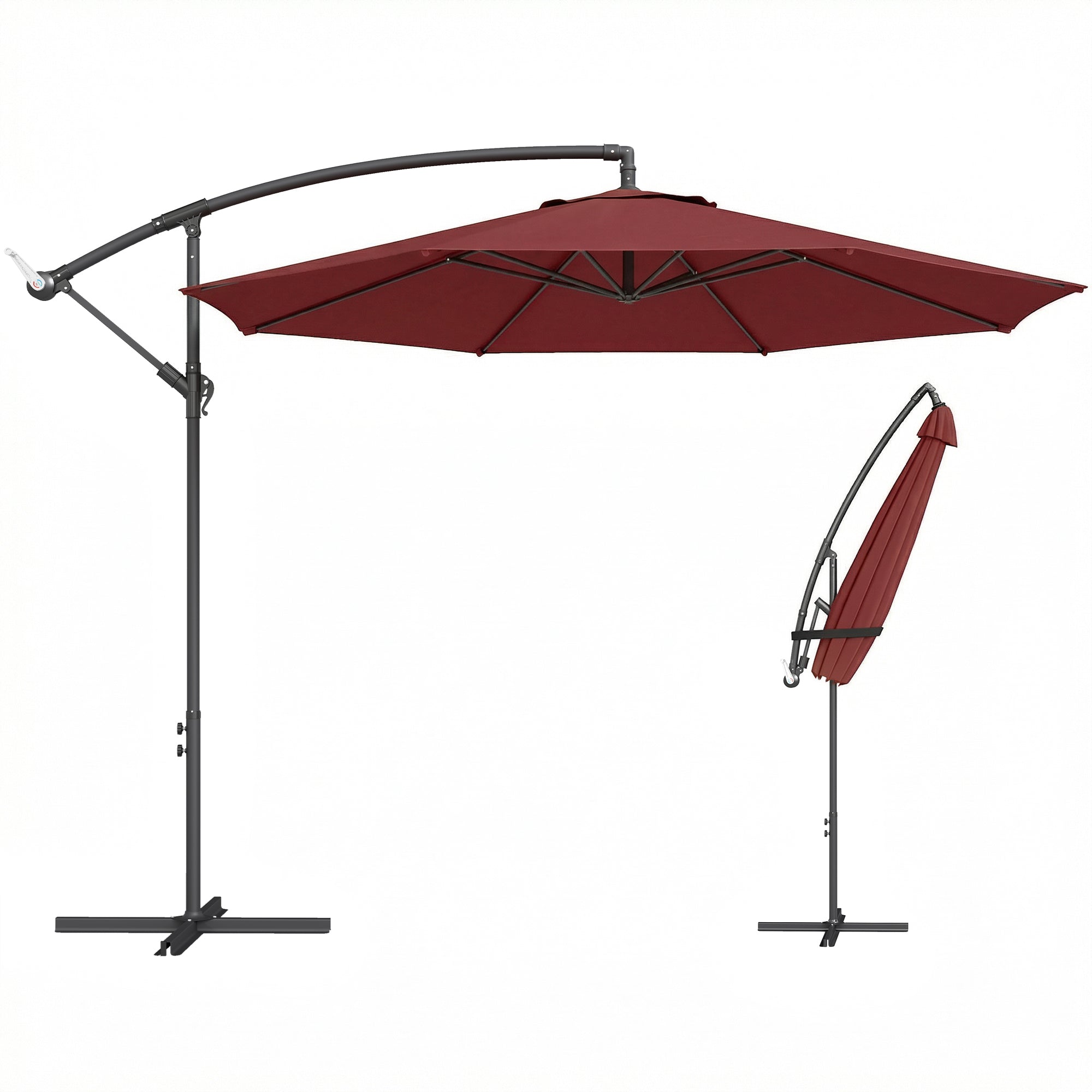 Outsunny 3 m Banana Parasol with Crank Handle, 8 Ribs & Cross Base, Wine Red