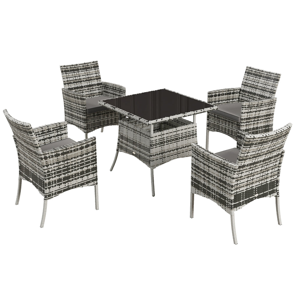 4 Seater Rattan Dining Set with Cushions, 5 Pieces Garden Dining Set with Glass Tabletop, PE Rattan Garden Furniture Set with Dining Table and Armchairs for Patio, Balcony, Mixed Grey