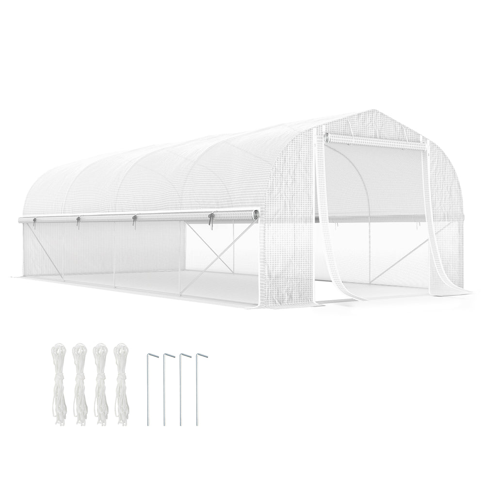 19.5' x 10' x 6.6' Walk-in Tunnel Greenhouse with Roll-up Mesh Sidewalls, Mesh Door, 8 Windows, Outdoor Green House Plant Hot House Tent with Galvanized Steel Frame, White