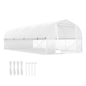 19.5' x 10' x 6.6' Walk-in Tunnel Greenhouse with Roll-up Mesh Sidewalls, Mesh Door, 8 Windows, Outdoor Green House Plant Hot House Tent with Galvanized Steel Frame, White