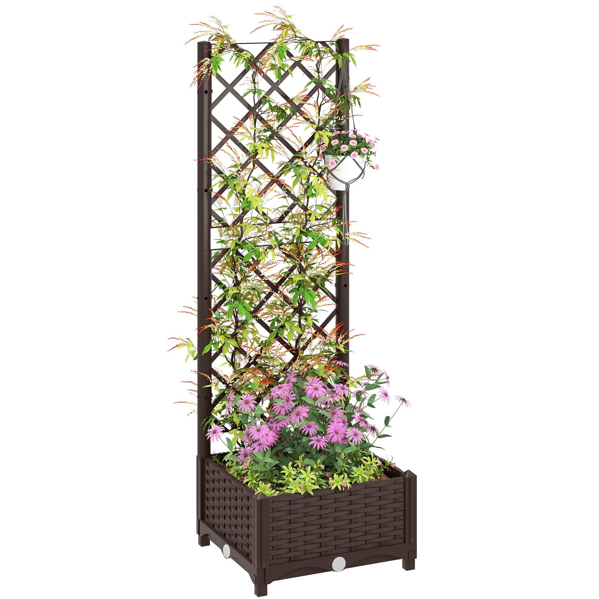 48 plastic planter box Outsunny 16" x 16" x 48" Plastic Raised Garden Bed with Trellis, Drainage Holes and Drain Plugs