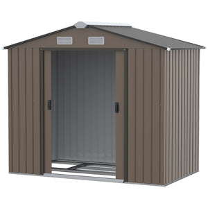 7 x 4ft Metal Garden Shed, Outdoor Storage Tool House with Ventilation Slots, Foundation Kit and Lockable Double Doors, Brown