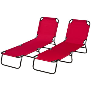 Outsunny 2 Piece Folding Chaise Lounge Pool Chairs, Outdoor Sun Tanning Chairs with 5-Level Reclining Back, Steel Frame for Beach, Yard, Patio, Red