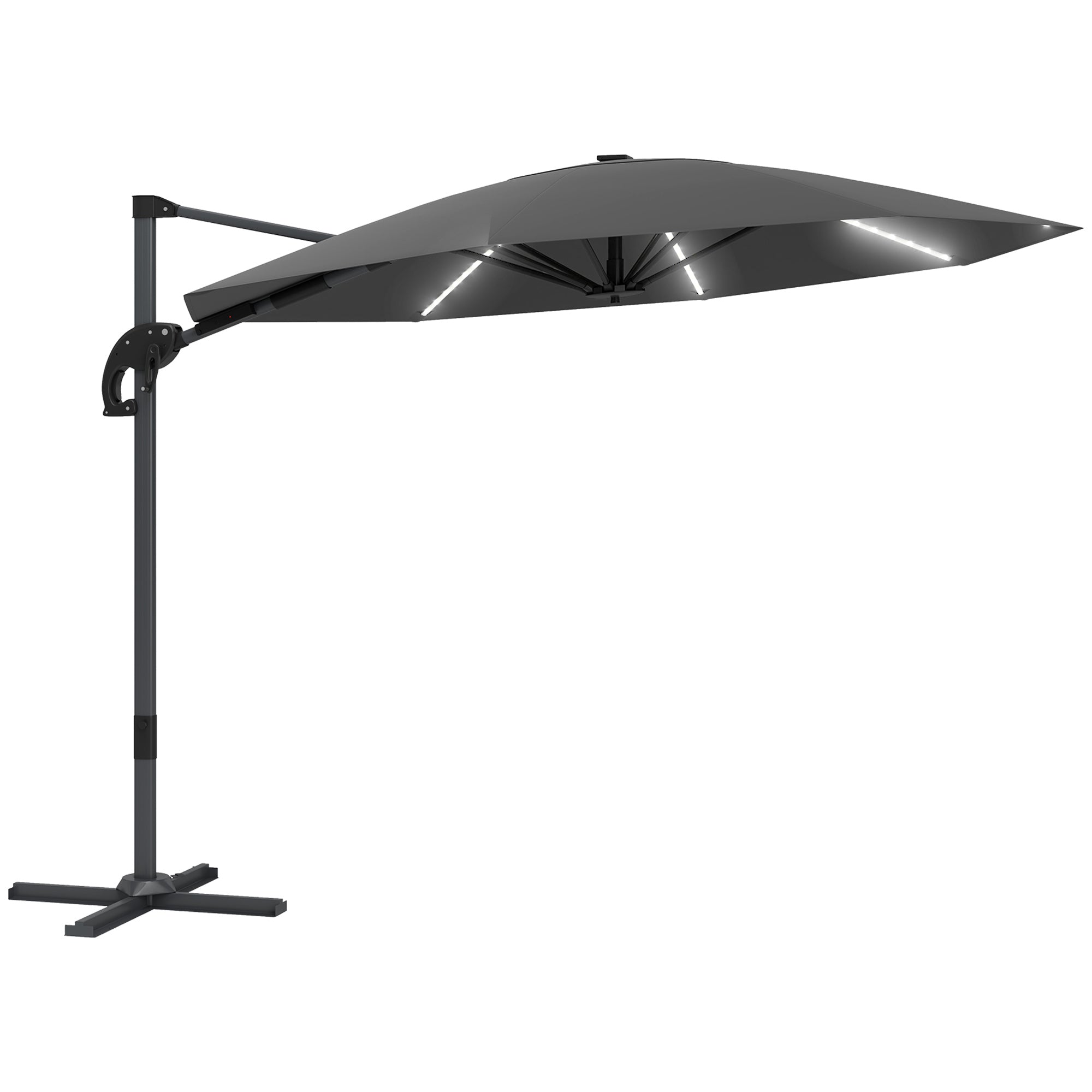 Outsunny 3m 360° Rotation Overhanging Parasol with Lights, Crank Handle & Cross Base, UPF 50 , Dark Grey