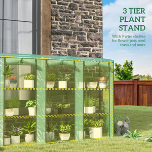 Lean-to Mini Greenhouse with 3 Tier Shelves, Portable Garden Hot House with 3 Roll-Up Doors for Indoor Outdoor, 84.6"x18.1"x56.7", Green