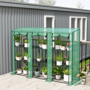 Lean-to Mini Greenhouse with 3 Tier Shelves, Portable Garden Hot House with 3 Roll-Up Doors for Indoor Outdoor, 84.6"x18.1"x56.7", Green