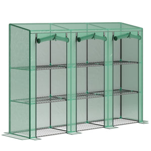 Lean-to Mini Greenhouse with 3 Tier Shelves, Portable Garden Hot House with 3 Roll-Up Doors for Indoor Outdoor, 84.6"x18.1"x56.7", Green