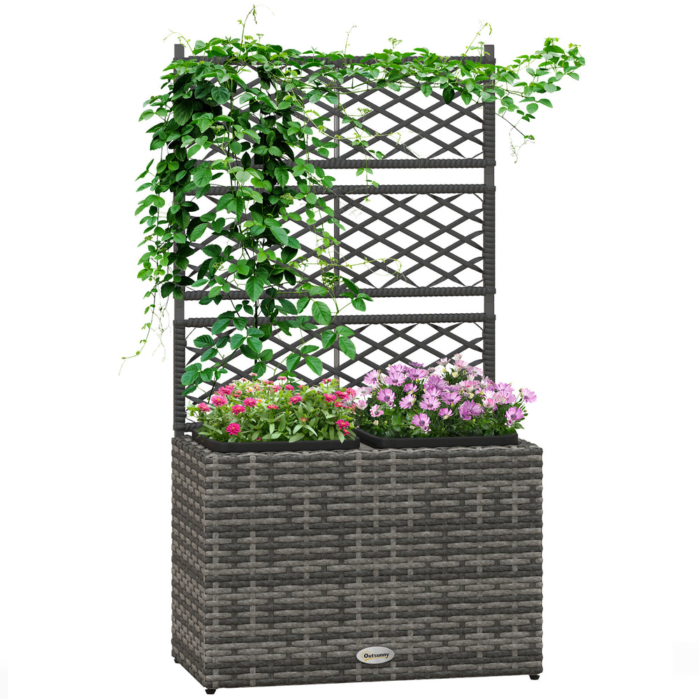 22L Raised Garden Box with Trellis, PE Rattan Free Standing Flower Raised Garden Bed with Two Plant Boxes, Garden Planter Box for Climbing Plants, Mixed Grey
