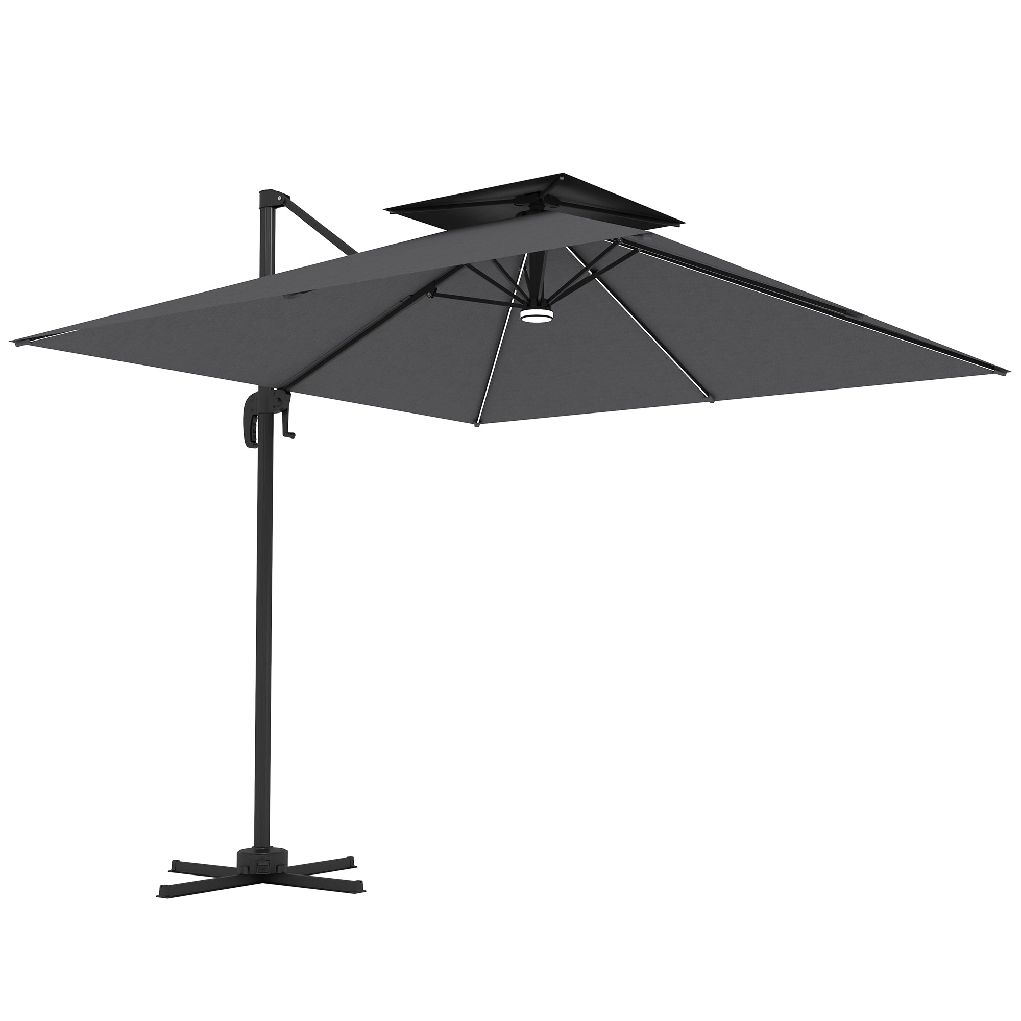 black solar patio umbrella Outsunny 8' Solar LED Cantilever Umbrella with 360° Rotation & Tilt, Dark Grey