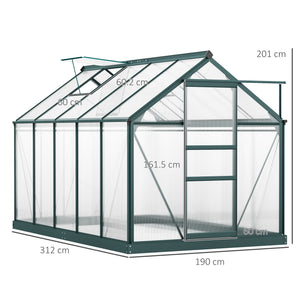 6 x 10ft Polycarbonate Greenhouse, Large Walk-In Green House with Slide Door and Window, Garden Plants Grow House with Aluminium Frame and Foundation, Dark Green