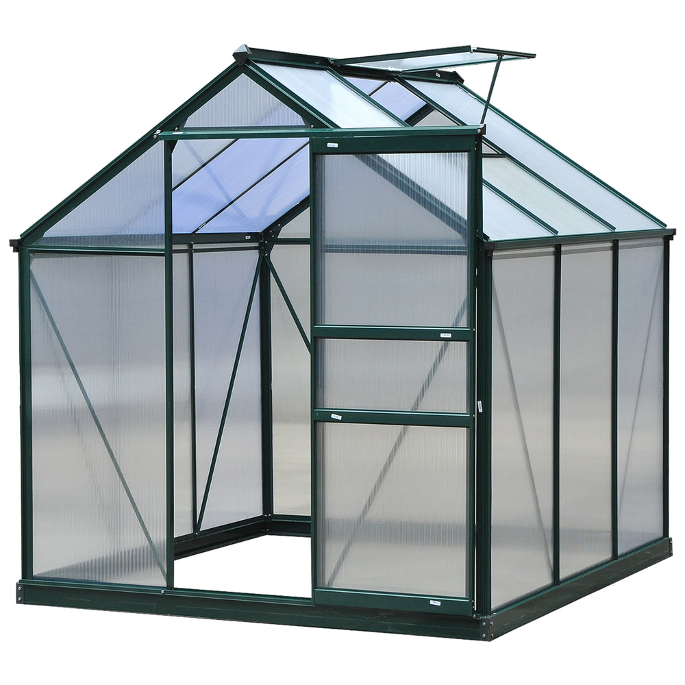 6' x 6' x 6.6' Polycarbonate Greenhouse, Walk-In Green House Kit Garden, Plants Grow, Galvanized Sheet Aluminum Frame with Rain Gutter, Vent and Sliding Door, Green