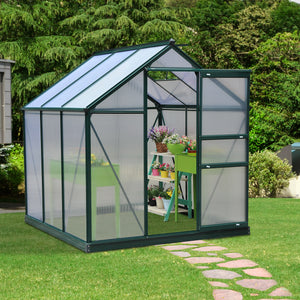 6' x 6' x 6.6' Polycarbonate Greenhouse, Walk-In Green House Kit Garden, Plants Grow, Galvanized Sheet Aluminum Frame with Rain Gutter, Vent and Sliding Door, Green