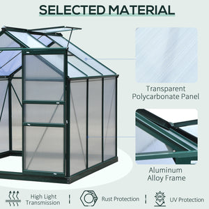 6' x 6' x 6.6' Polycarbonate Greenhouse, Walk-In Green House Kit Garden, Plants Grow, Galvanized Sheet Aluminum Frame with Rain Gutter, Vent and Sliding Door, Green