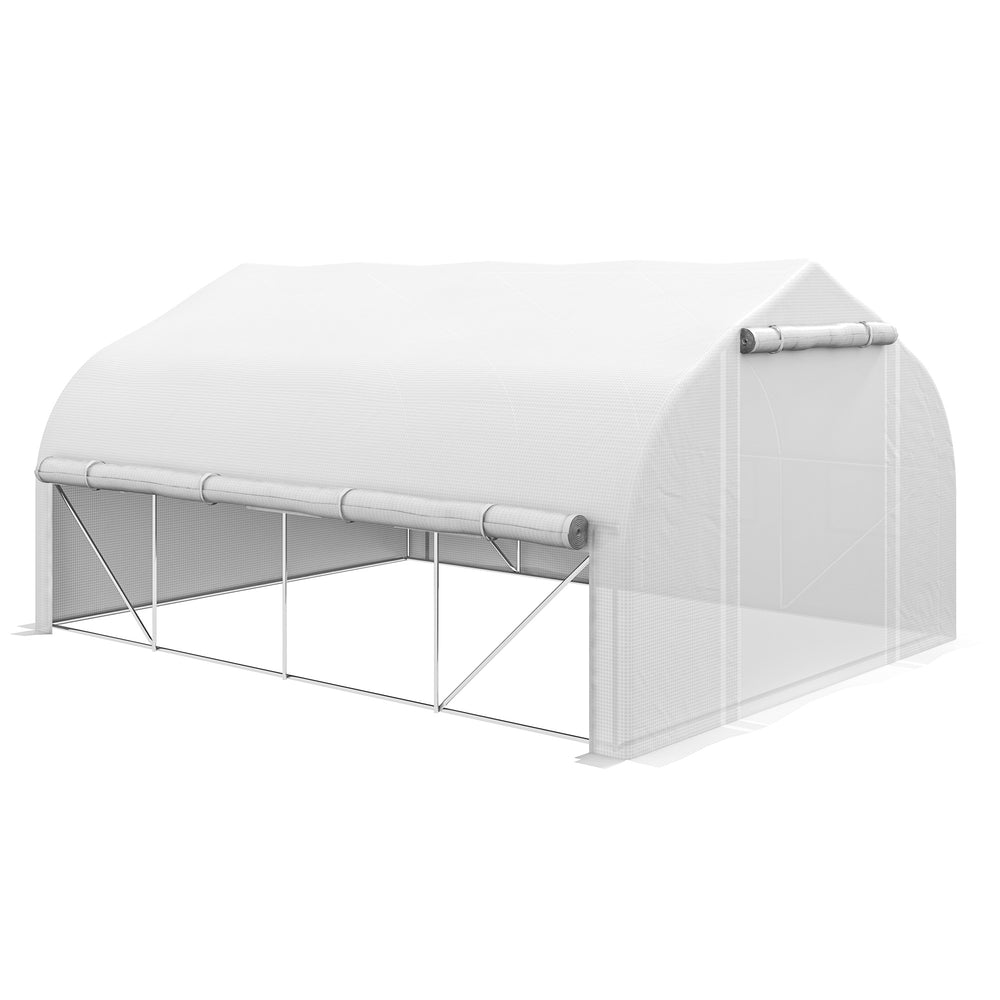 13 x 9.8ft Walk-in Polytunnel Greenhouse, Zipped Roll Up Sidewalls, Mesh Door, 8 Mesh Windows, Tunnel Warm House Tent with PE Cover, Plant Labels and Gloves, White