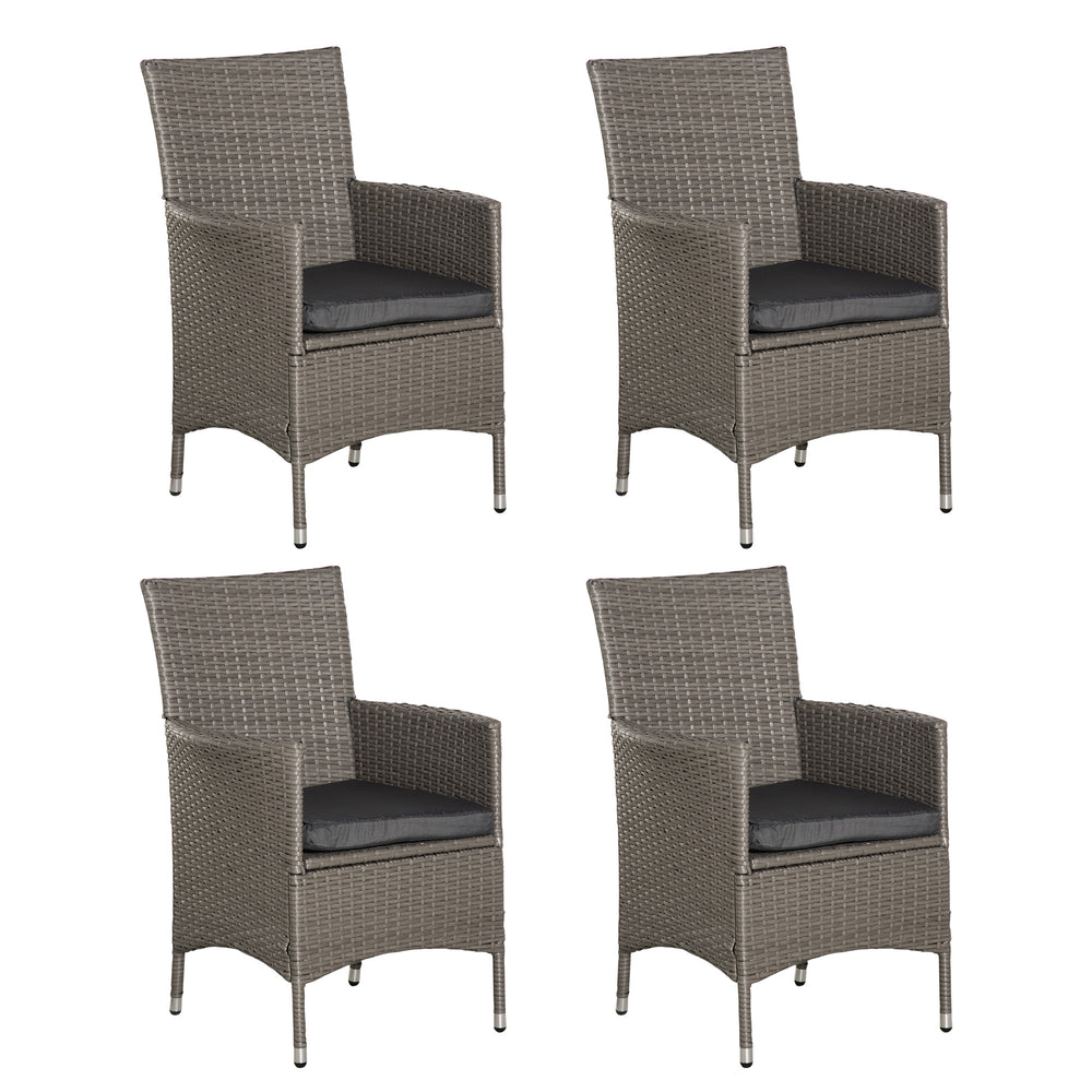 4 Pieces Outdoor PE Rattan Dining Chairs Set with Cushion, Garden Armchair with Armrests, High Backrest, Metal Frame Patio Wicker Furniture, Grey