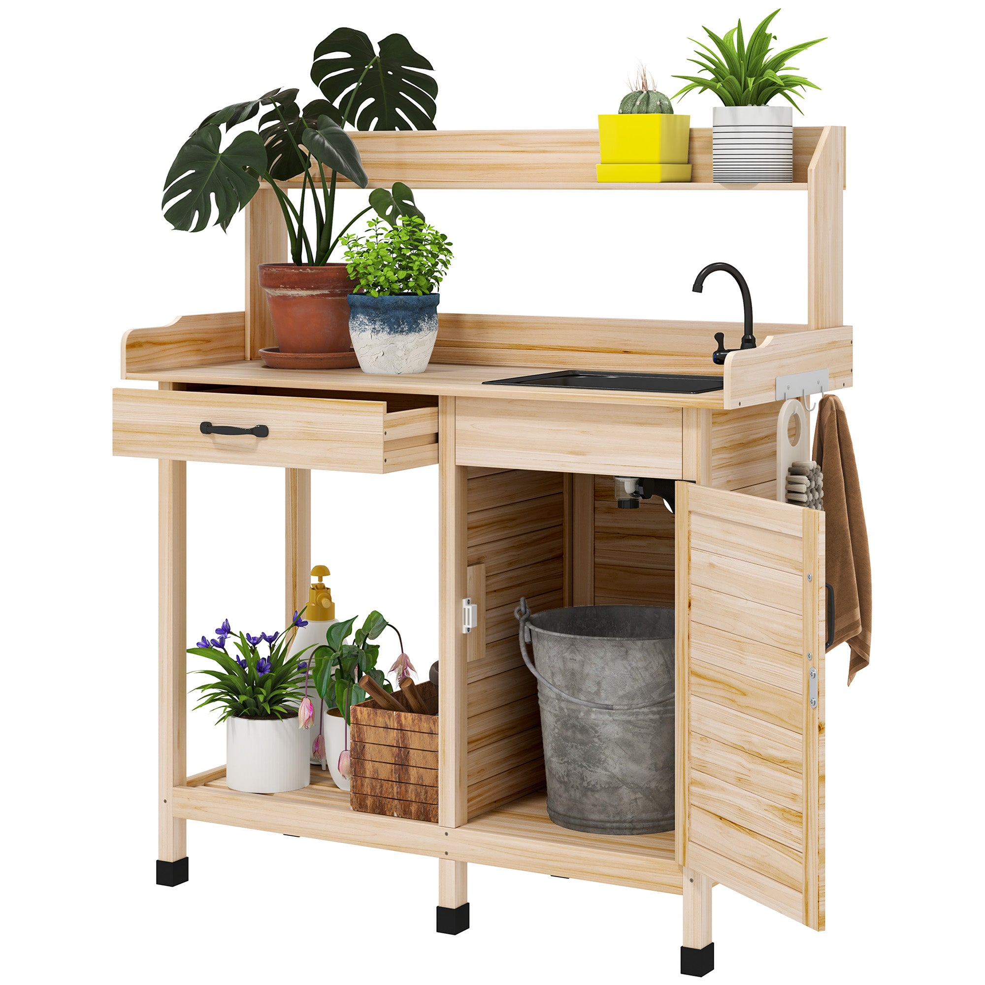 bench for indoor plants Outsunny Garden Potting Table with Storage Cabinet, Removable Sink, Faucet and Drawer, Natural Wood