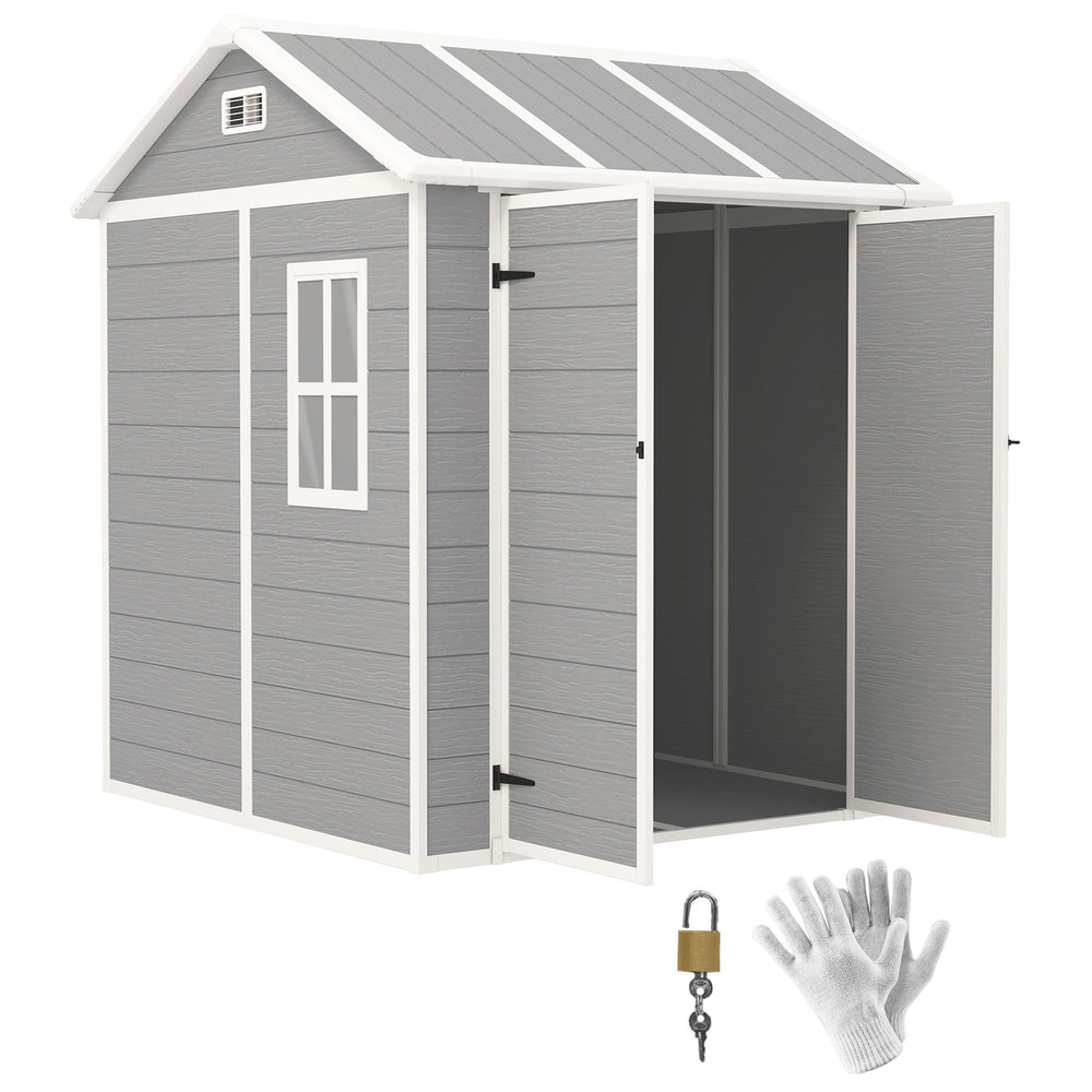 6' x 6' Outdoor Storage Shed, Resin Plastic Shed with Floor, Window, Lockable Doors and Vents, All-Weather Garden Shed for Backyard, Patio, Lawn, Grey